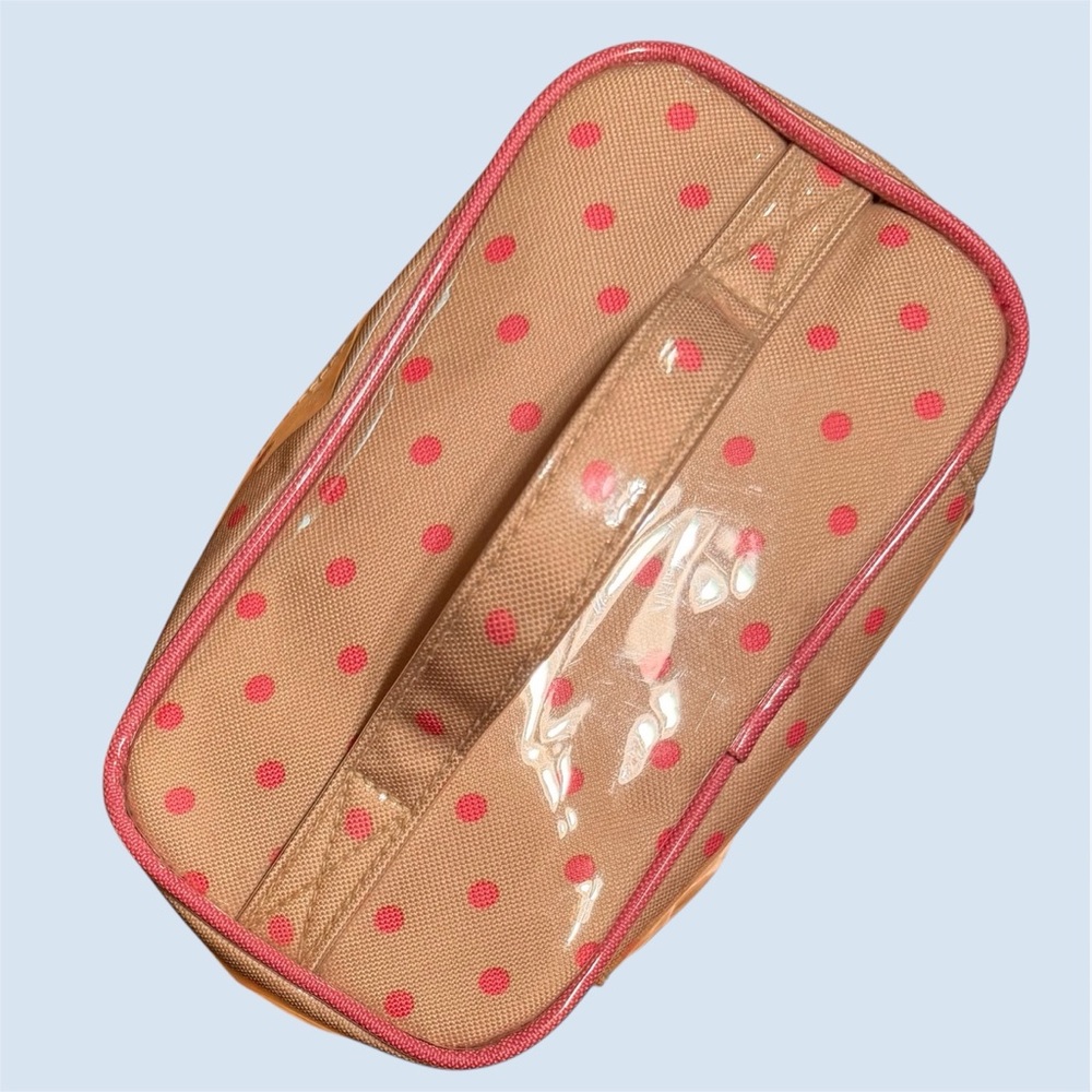 Estee Lauder Beige & Pink Polka Dot Zippered Cosmetic Bag Travel/Train Case - Picture 6 of 7